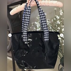 Nordstrom Black Patent Tote Bag With Houndstooth Pattern Straps
